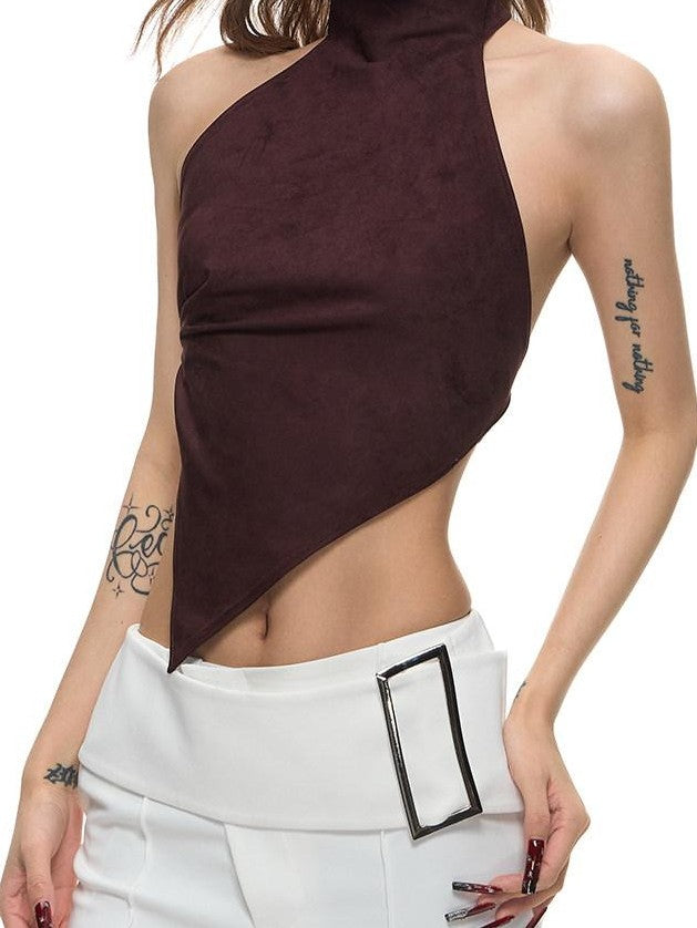 Fanptntox Open Back Tie Front High Neck Fitted Women's Suede Velvet Halter Tops