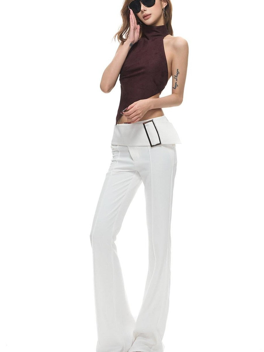Fanptntox Open Back Tie Front High Neck Fitted Women's Suede Velvet Halter Tops