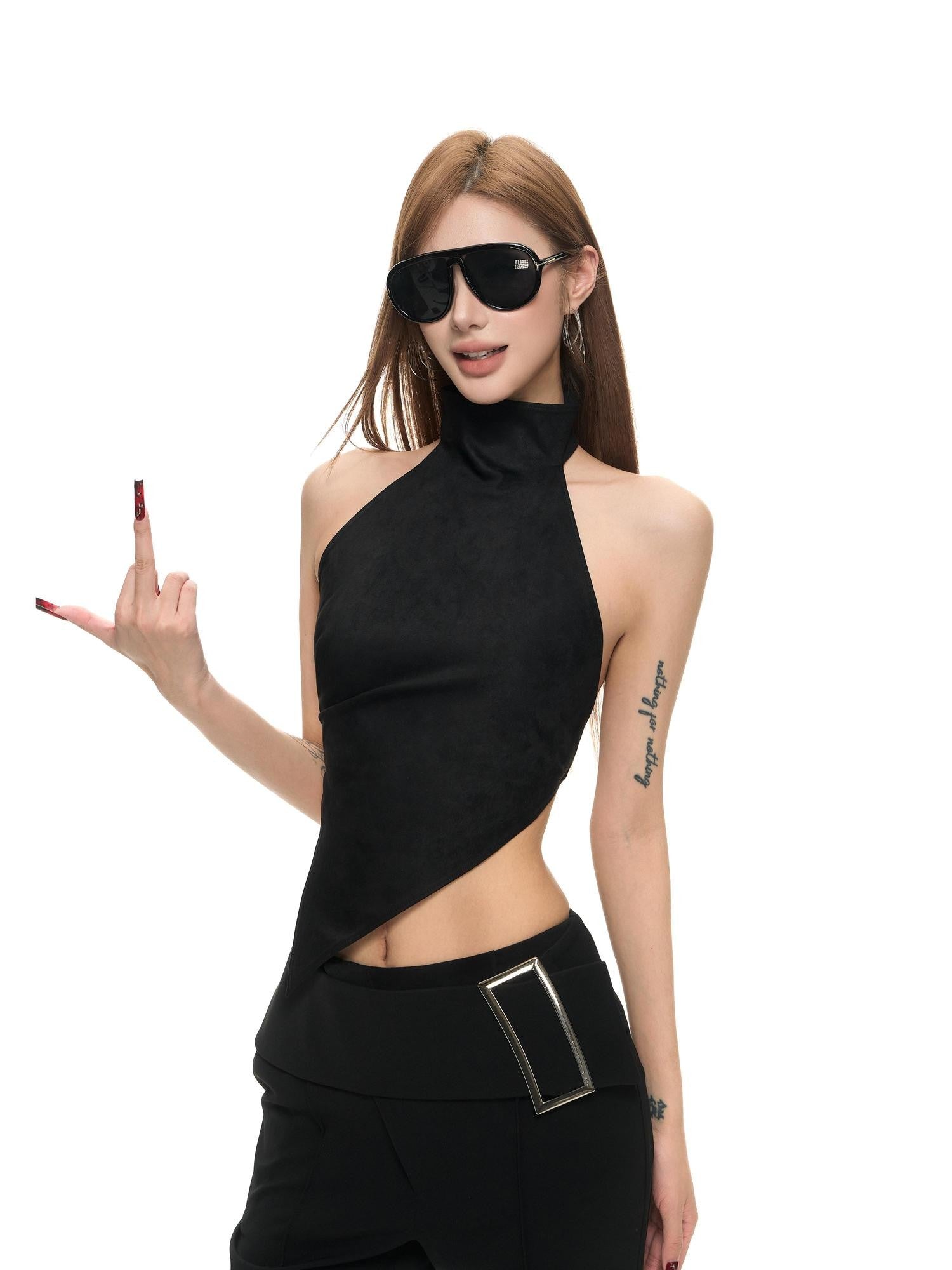 Fanptntox Open Back Tie Front High Neck Fitted Women's Suede Velvet Halter Tops