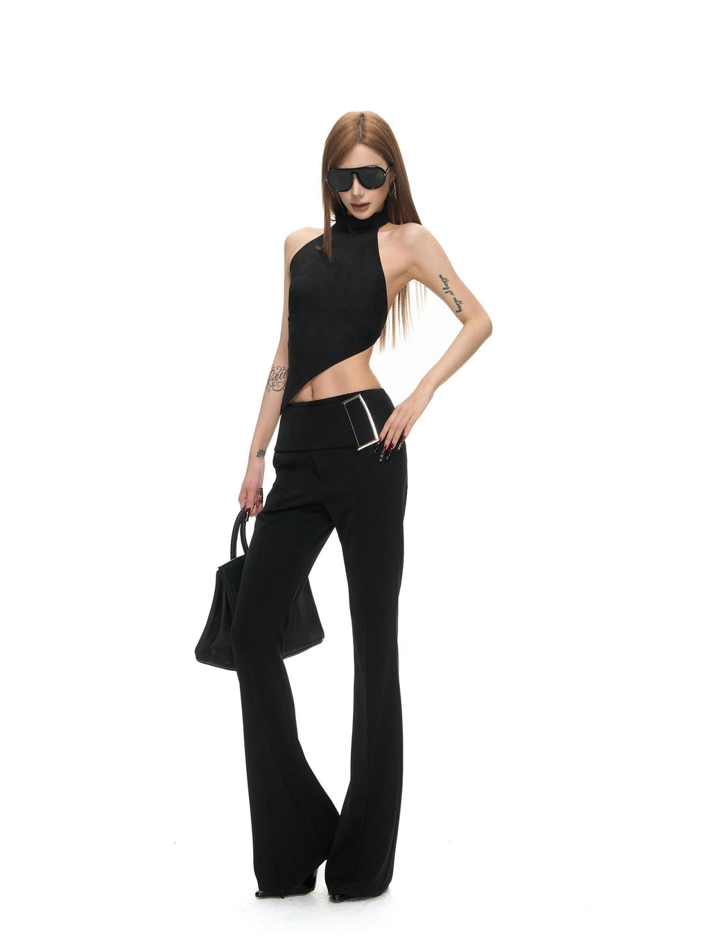 Fanptntox Open Back Tie Front High Neck Fitted Women's Suede Velvet Halter Tops