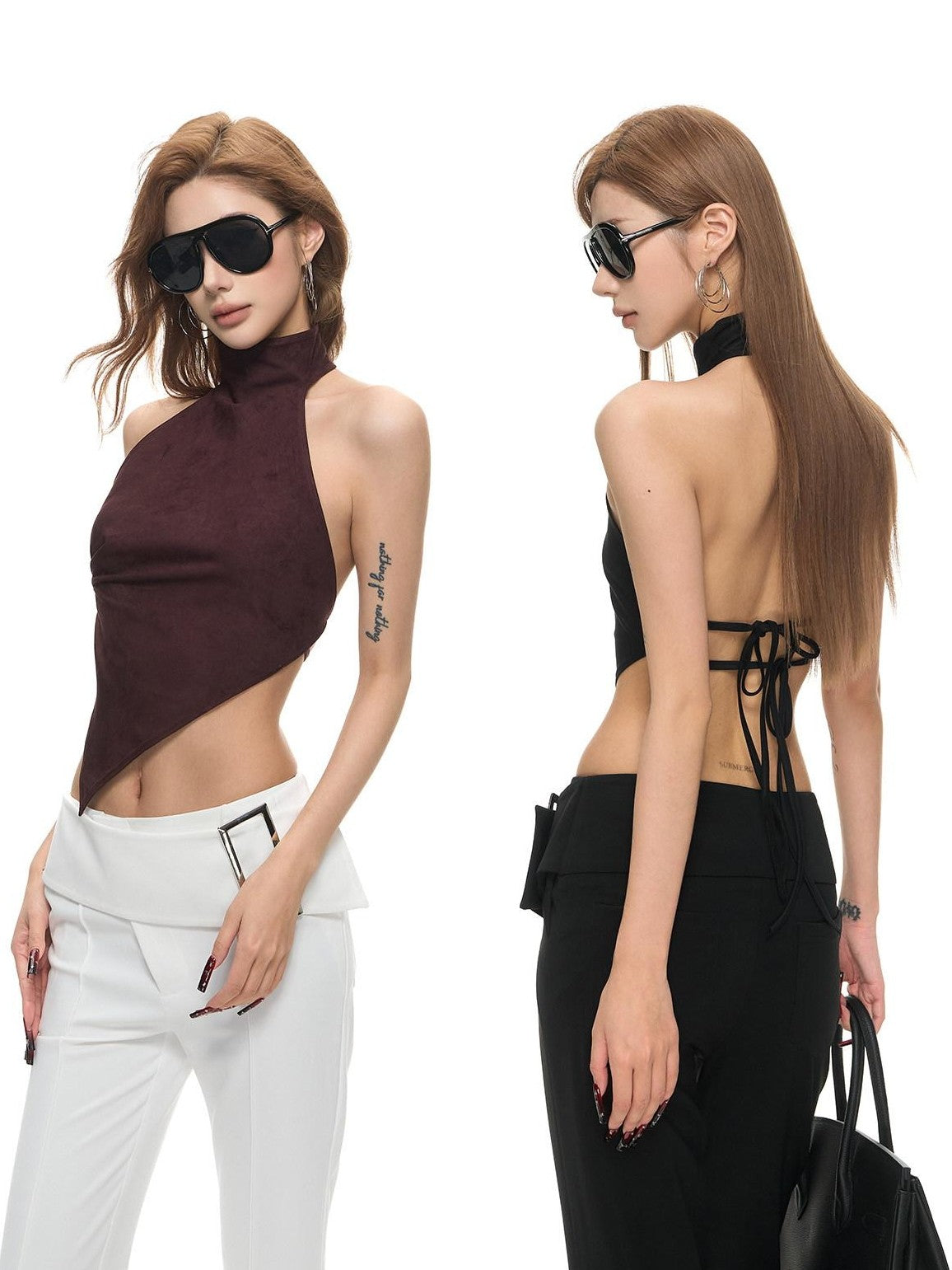 Fanptntox Open Back Tie Front High Neck Fitted Women's Suede Velvet Halter Tops