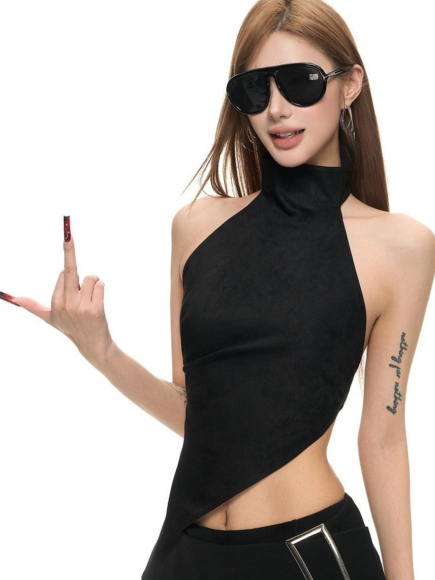 Fanptntox Open Back Tie Front High Neck Fitted Women's Suede Velvet Halter Tops