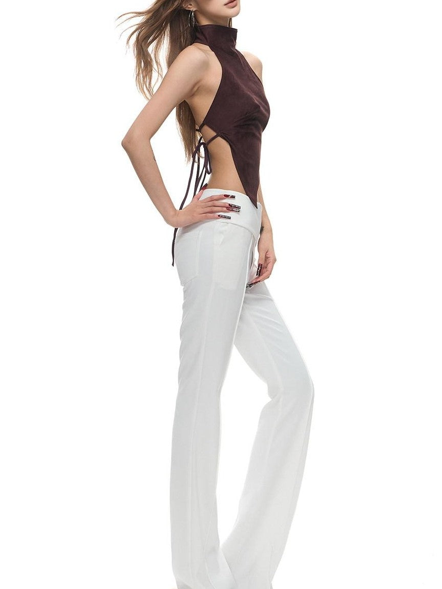 Fanptntox Open Back Tie Front High Neck Fitted Women's Suede Velvet Halter Tops