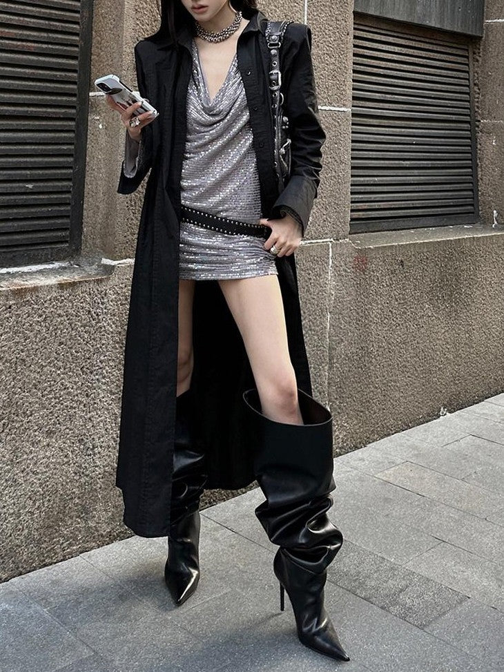 Fanptntox Oversized Detachable Shoulder Pads Blazer Collar Shirt Button Women's Long Coats