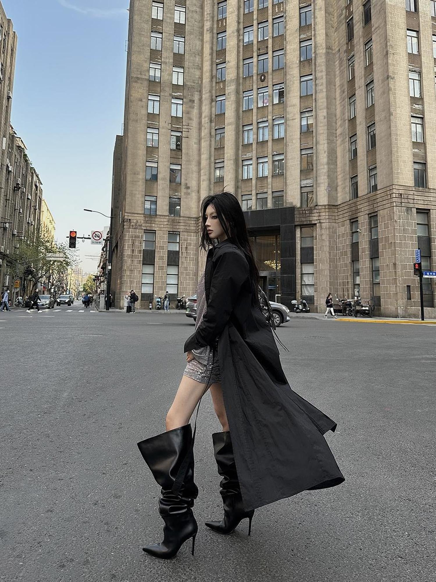 Fanptntox Oversized Detachable Shoulder Pads Blazer Collar Shirt Button Women's Long Coats