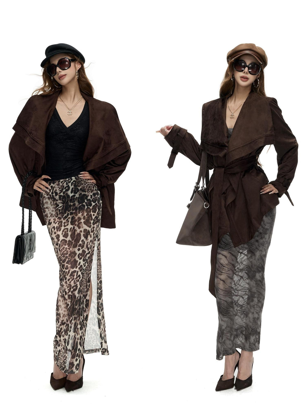 Fanptntox Oversized Faux Suede Large Lapel Collar Women's Belted Coats