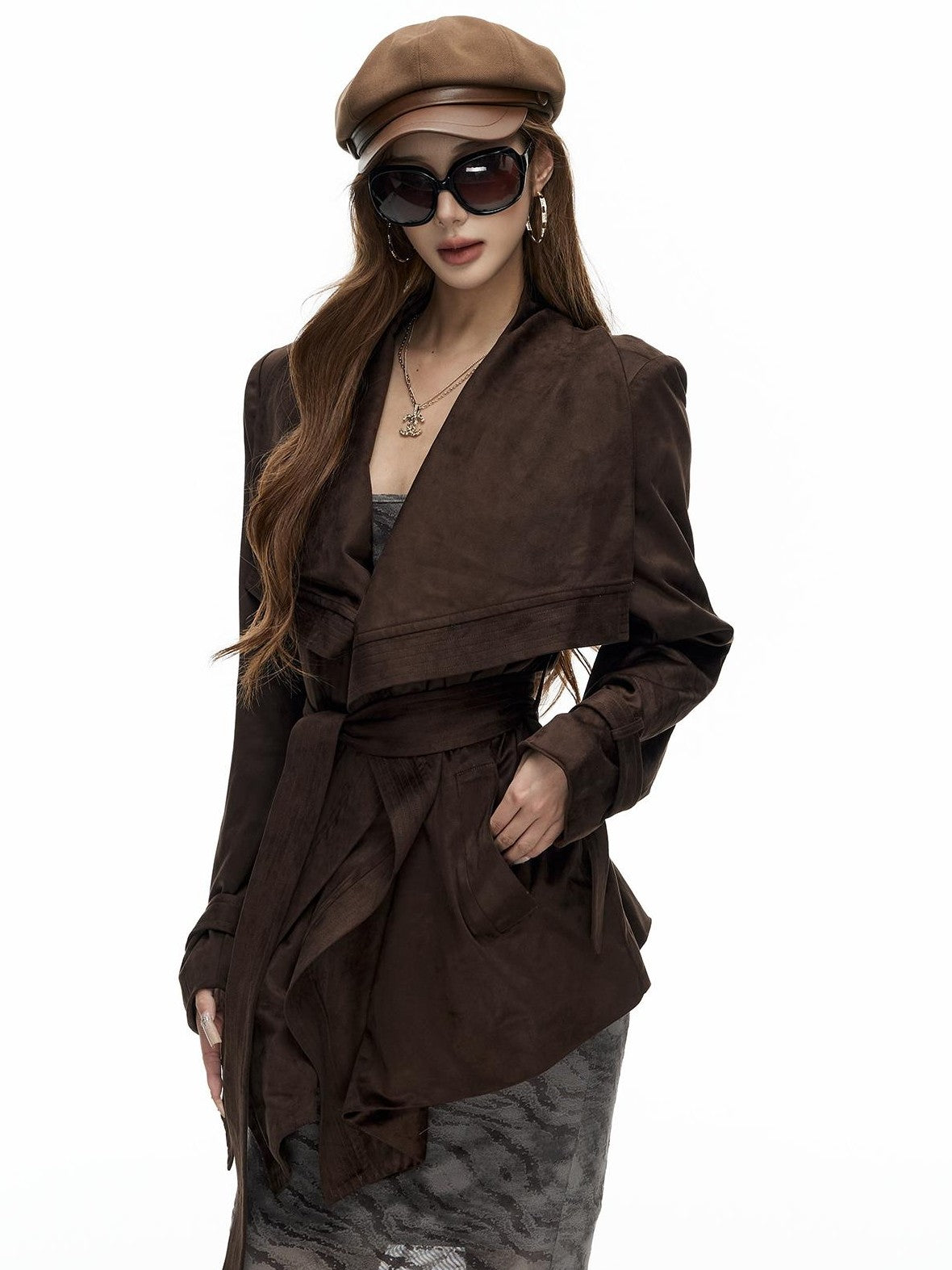 Fanptntox Oversized Faux Suede Large Lapel Collar Women's Belted Coats