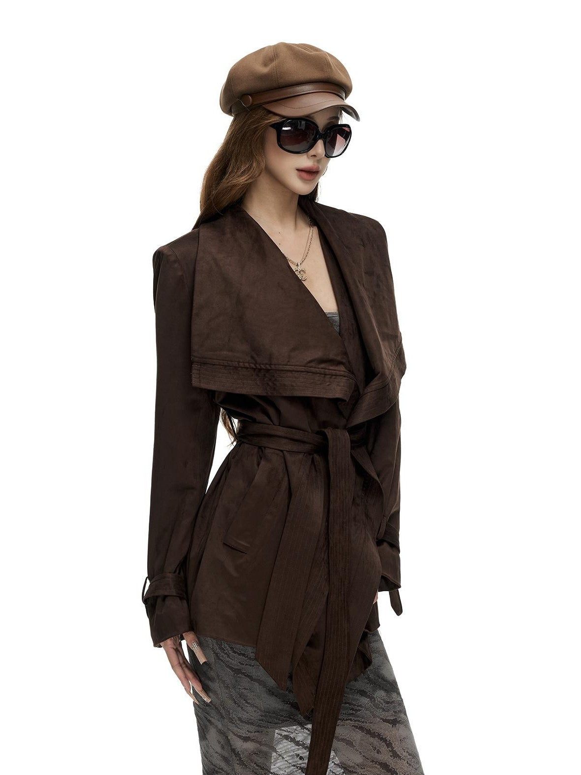 Fanptntox Oversized Faux Suede Large Lapel Collar Women's Belted Coats