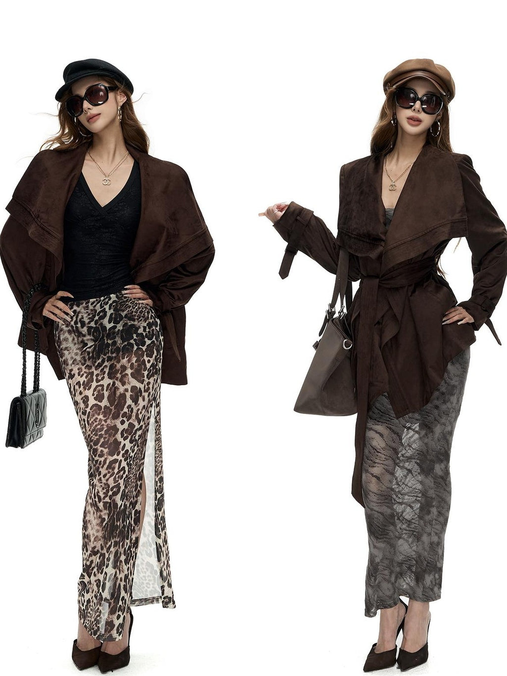 Fanptntox Oversized Faux Suede Large Lapel Collar Women's Belted Coats