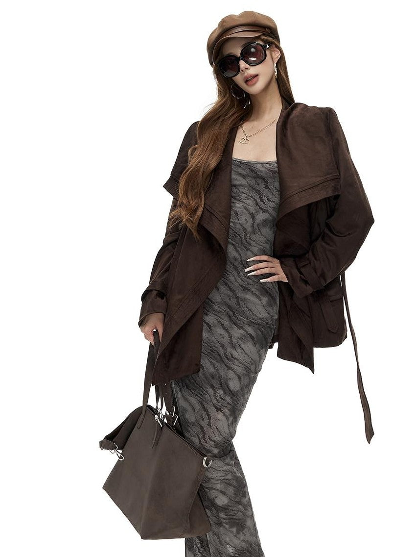 Fanptntox Oversized Faux Suede Large Lapel Collar Women's Belted Coats