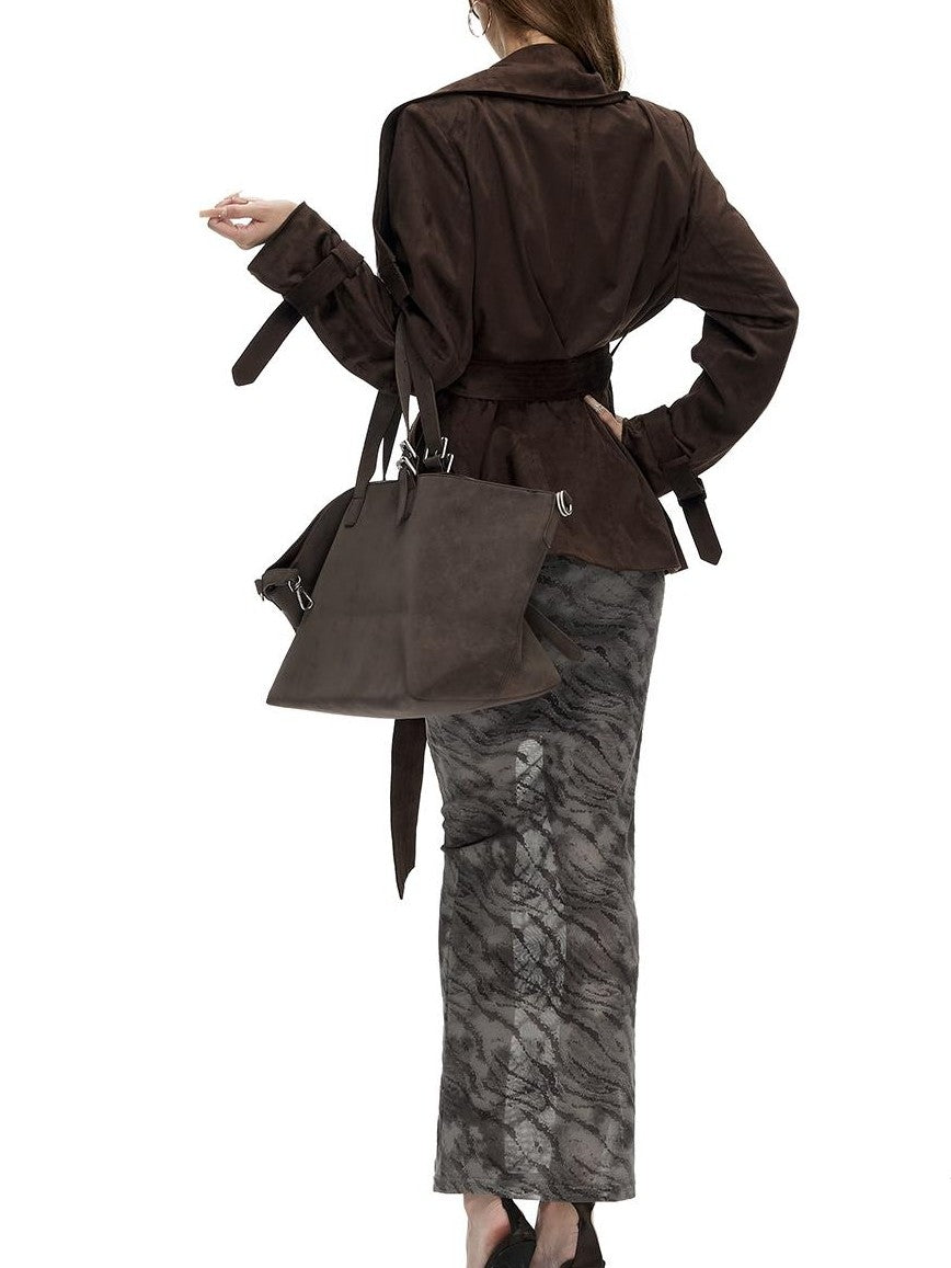 Fanptntox Oversized Faux Suede Large Lapel Collar Women's Belted Coats