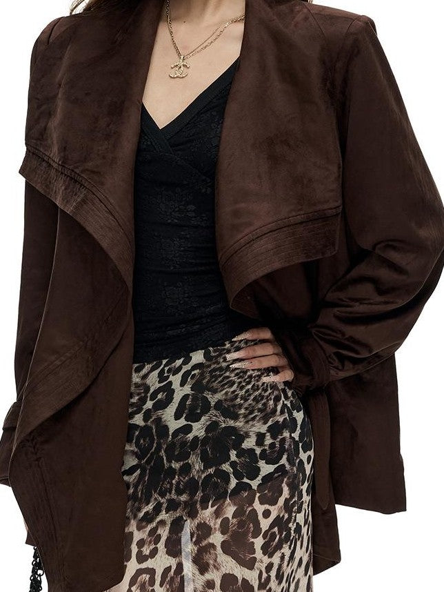 Fanptntox Oversized Faux Suede Large Lapel Collar Women's Belted Coats