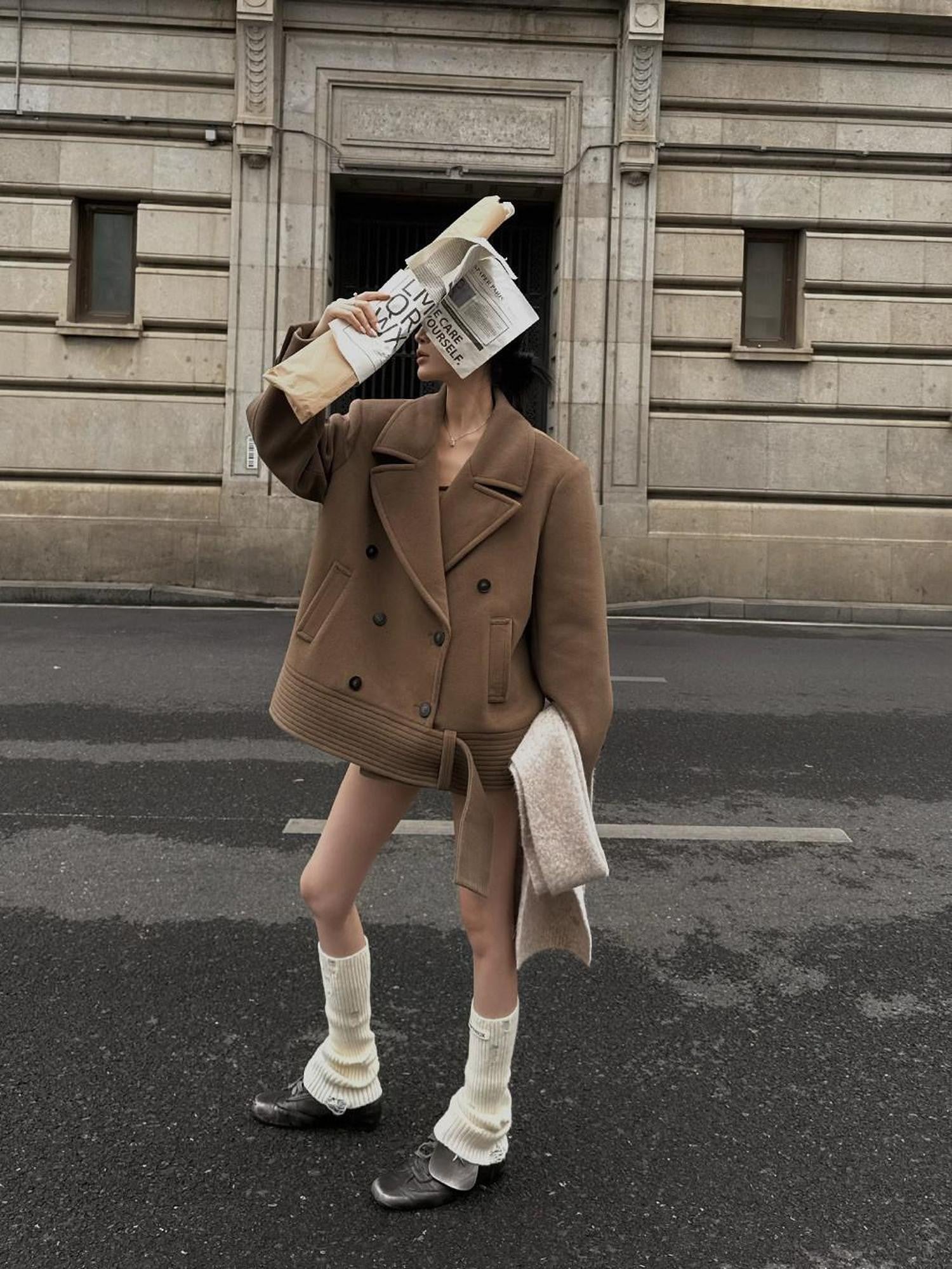 Fanptntox Padded Shoulders Notched Lapel Single Breasted Women's Wool Short Coats