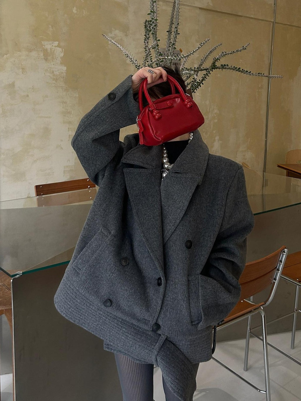 Fanptntox Padded Shoulders Notched Lapel Single Breasted Women's Wool Short Coats
