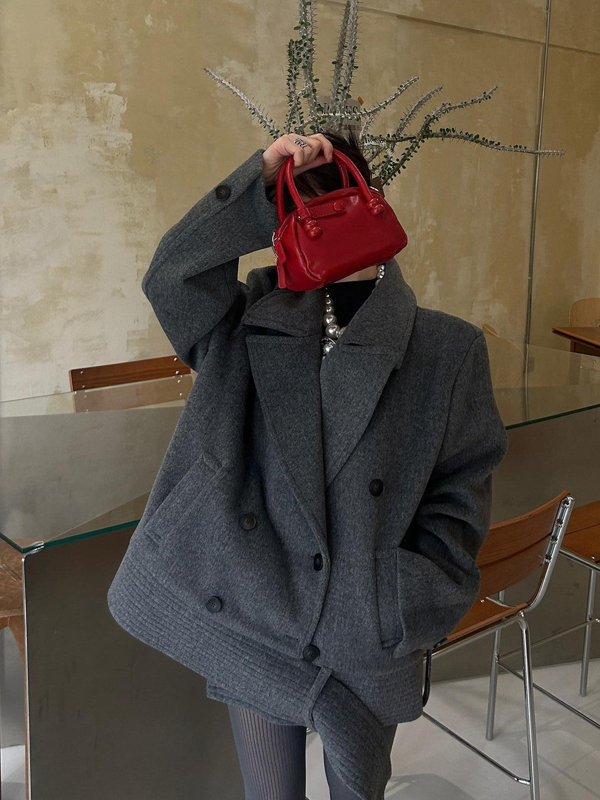 Fanptntox Padded Shoulders Notched Lapel Single Breasted Women's Wool Short Coats