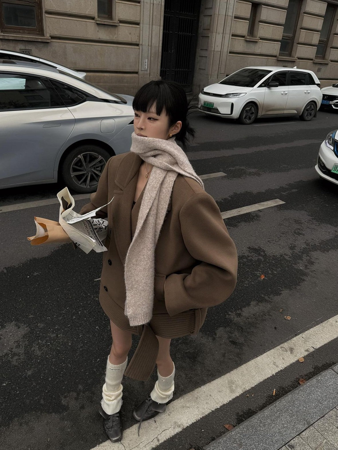 Fanptntox Padded Shoulders Notched Lapel Single Breasted Women's Wool Short Coats