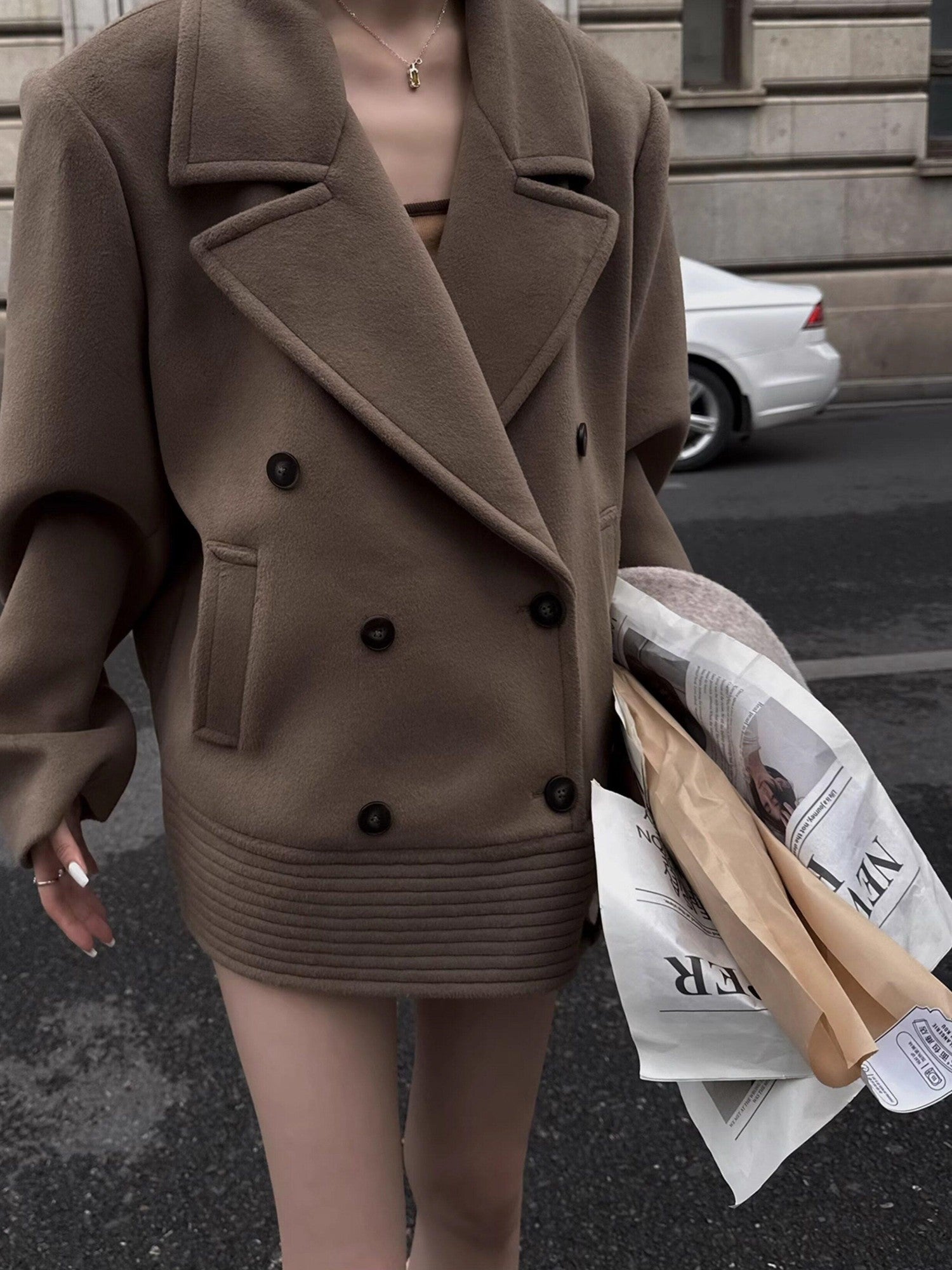 Fanptntox Padded Shoulders Notched Lapel Single Breasted Women's Wool Short Coats