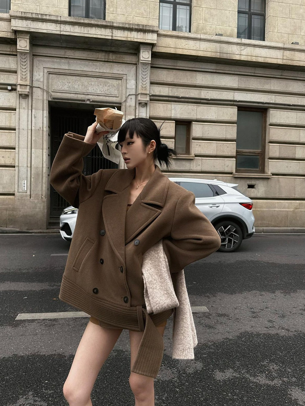 Fanptntox Padded Shoulders Notched Lapel Single Breasted Women's Wool Short Coats