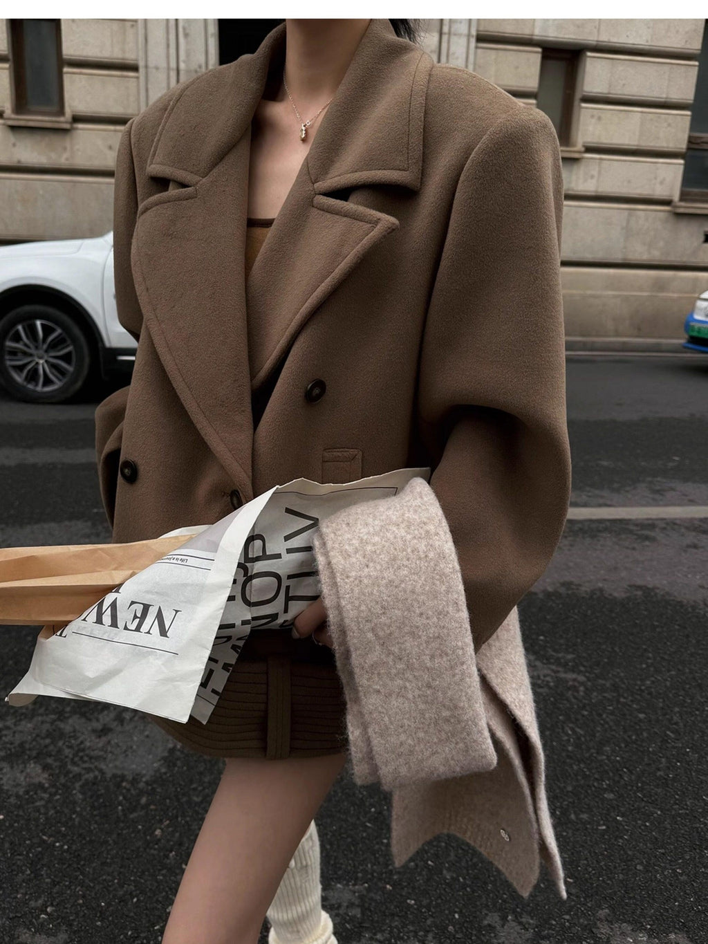 Fanptntox Padded Shoulders Notched Lapel Single Breasted Women's Wool Short Coats