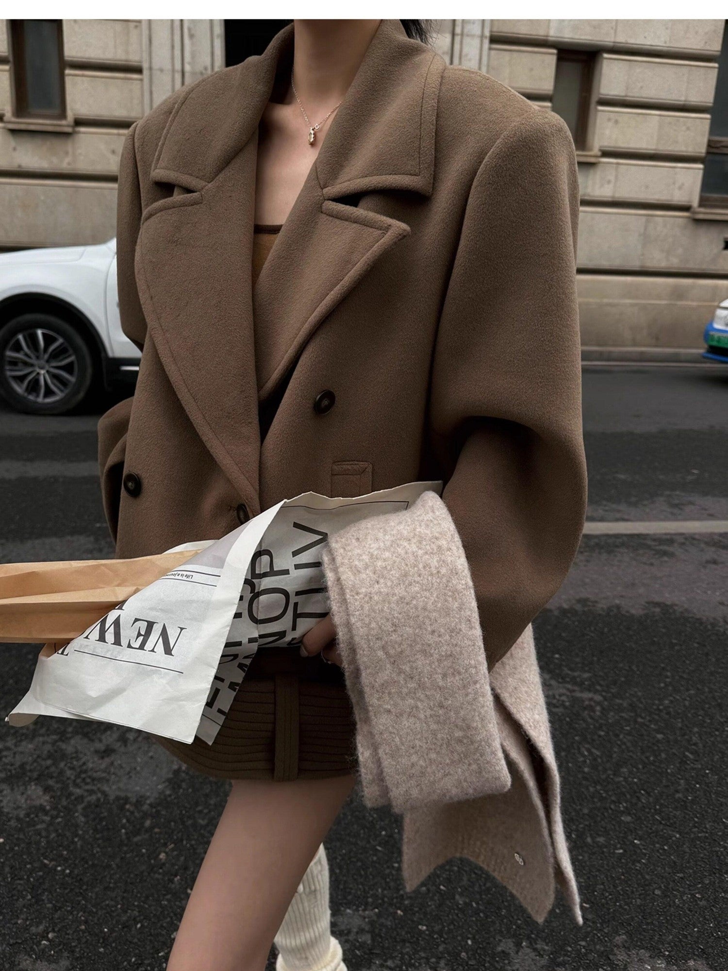 Fanptntox Padded Shoulders Notched Lapel Single Breasted Women's Wool Short Coats