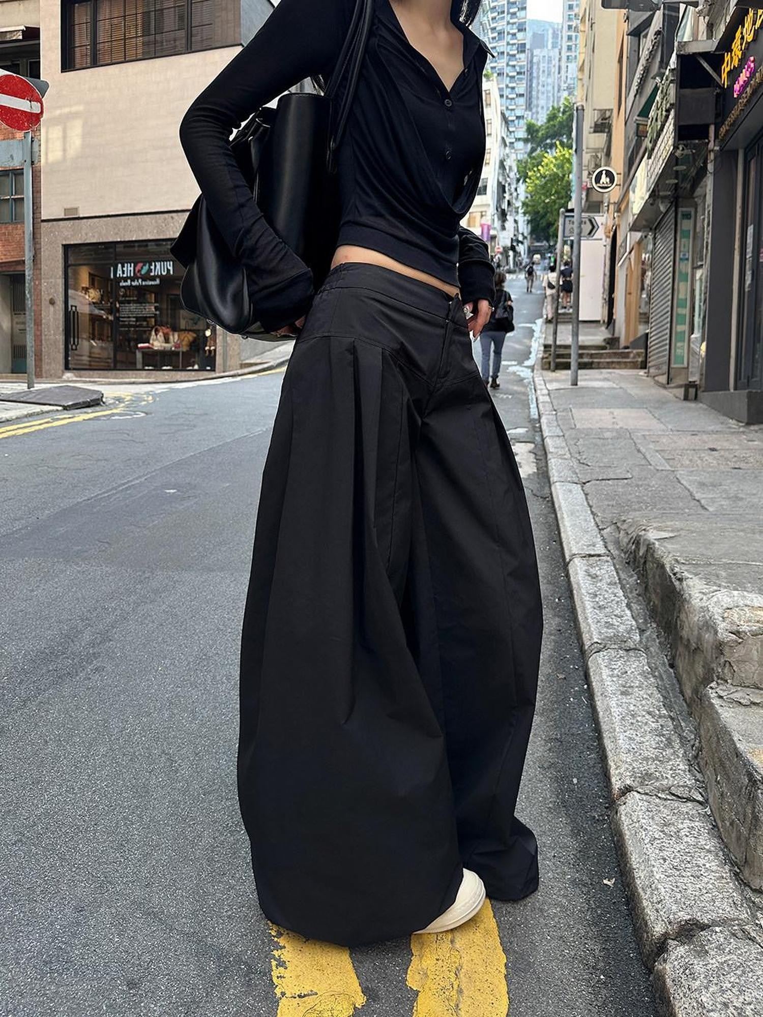 Fanptntox Parachute Paperbag Cargo Low Waist Women's Other Fabric Wide-leg Pants