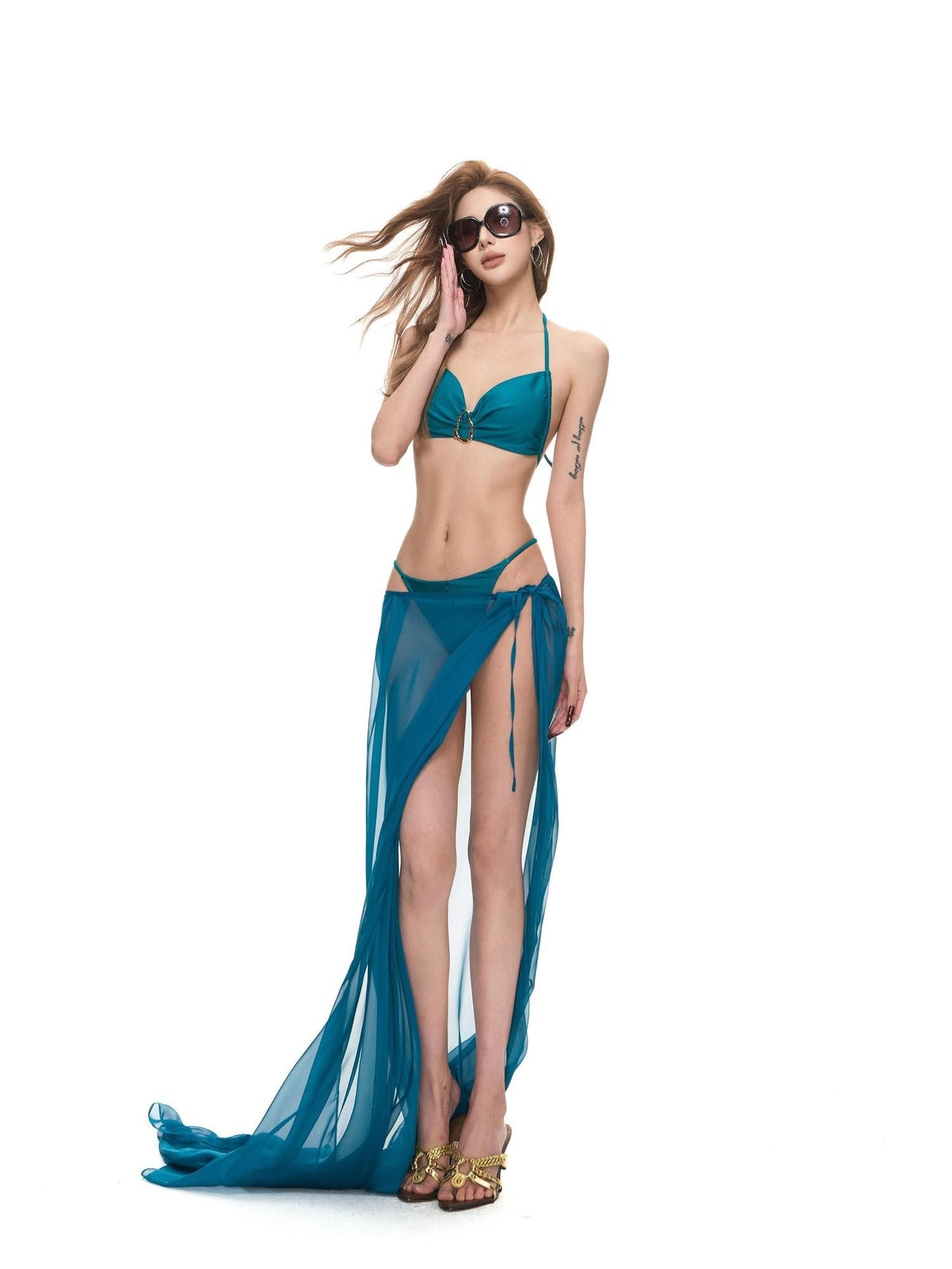 Fanptntox Peacock Blue Metal Buckle Halter Women's Nylon Triangle Bikinis