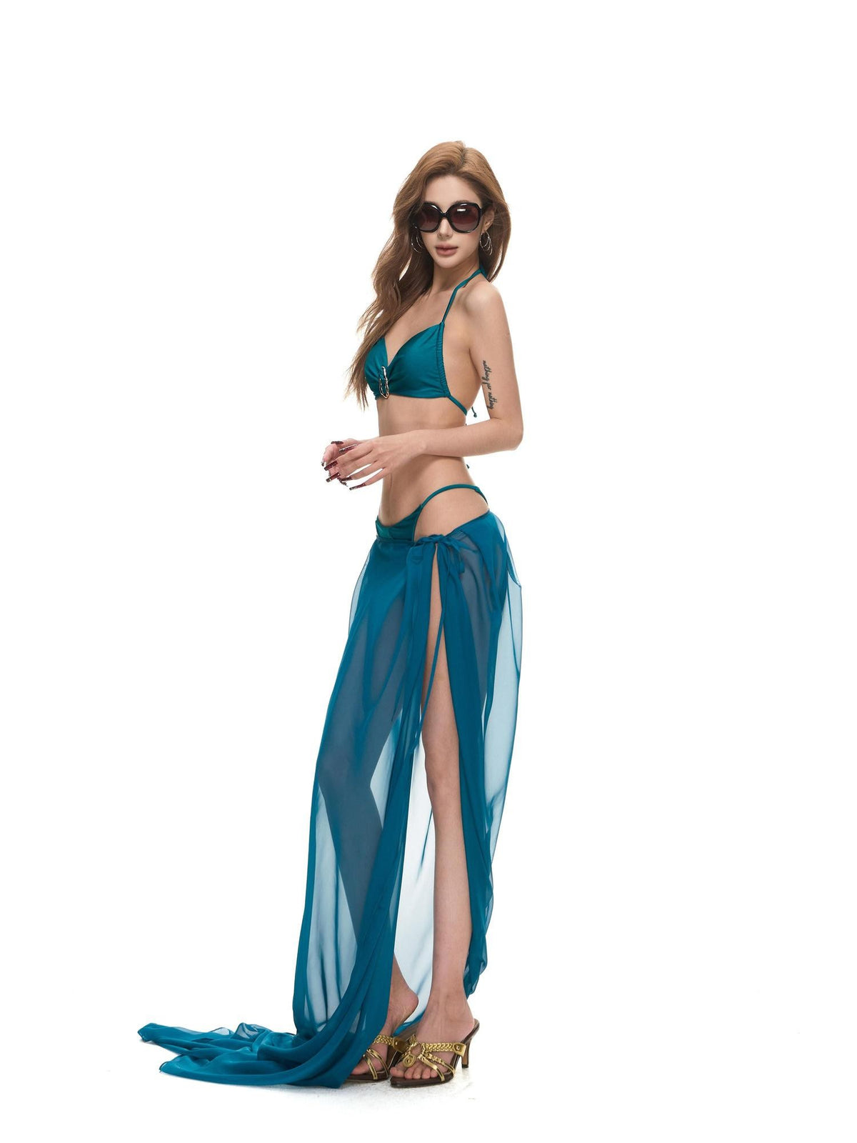 Fanptntox Peacock Blue Metal Buckle Halter Women's Nylon Triangle Bikinis