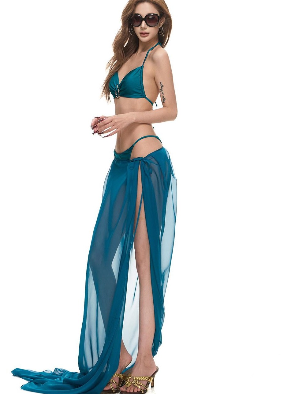 Fanptntox Peacock Blue Metal Buckle Halter Women's Nylon Triangle Bikinis