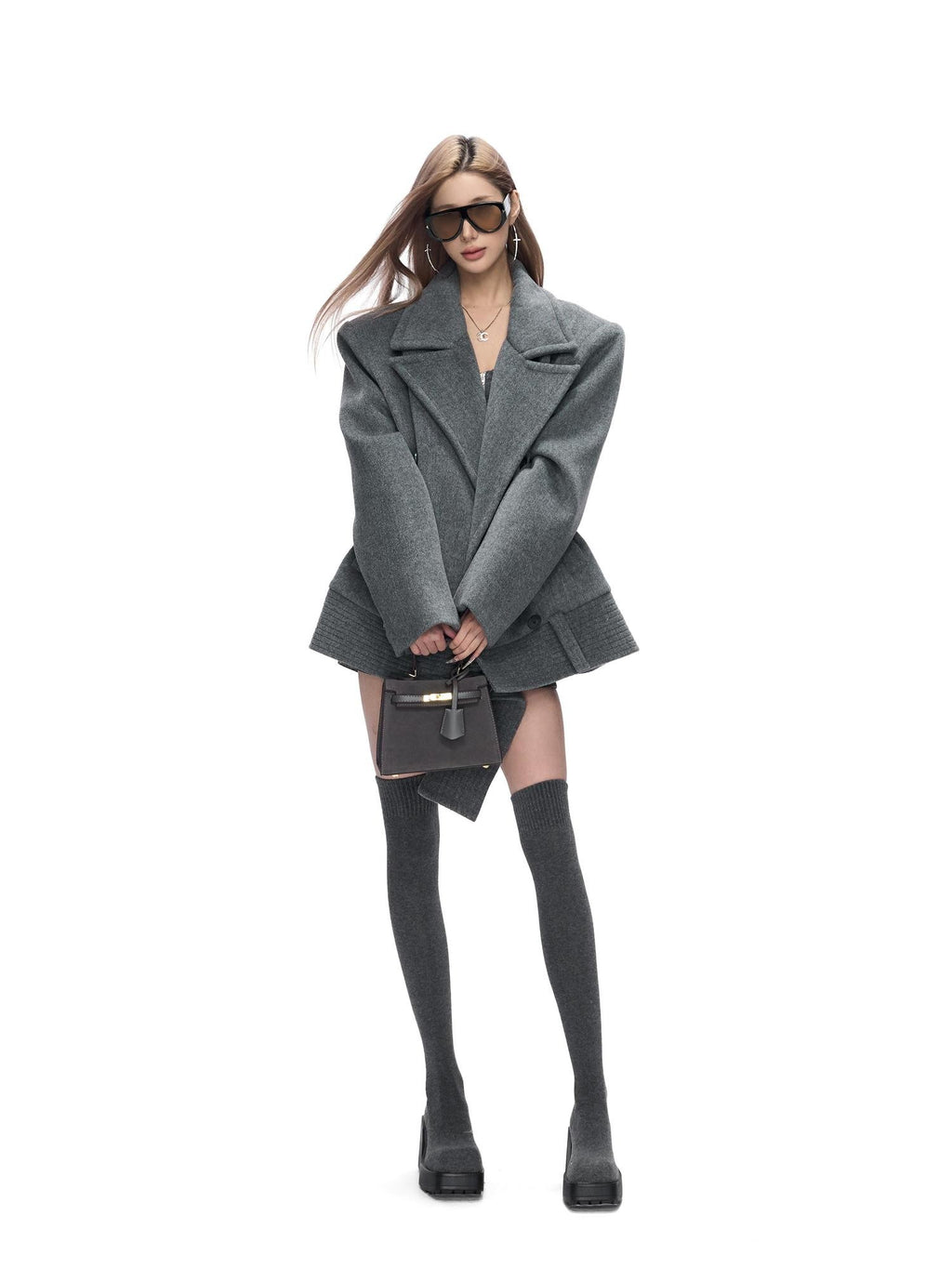 Fanptntox Peaked Lapel Double Breasted Padded Shoulders Women's Woolen Short Coats