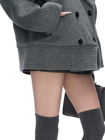 Fanptntox Peaked Lapel Double Breasted Padded Shoulders Women's Woolen Short Coats