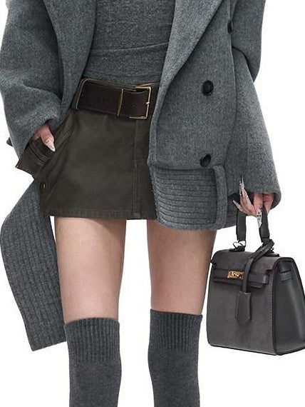 Fanptntox Peaked Lapel Double Breasted Padded Shoulders Women's Woolen Short Coats