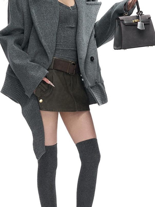 Fanptntox Peaked Lapel Double Breasted Padded Shoulders Women's Woolen Short Coats