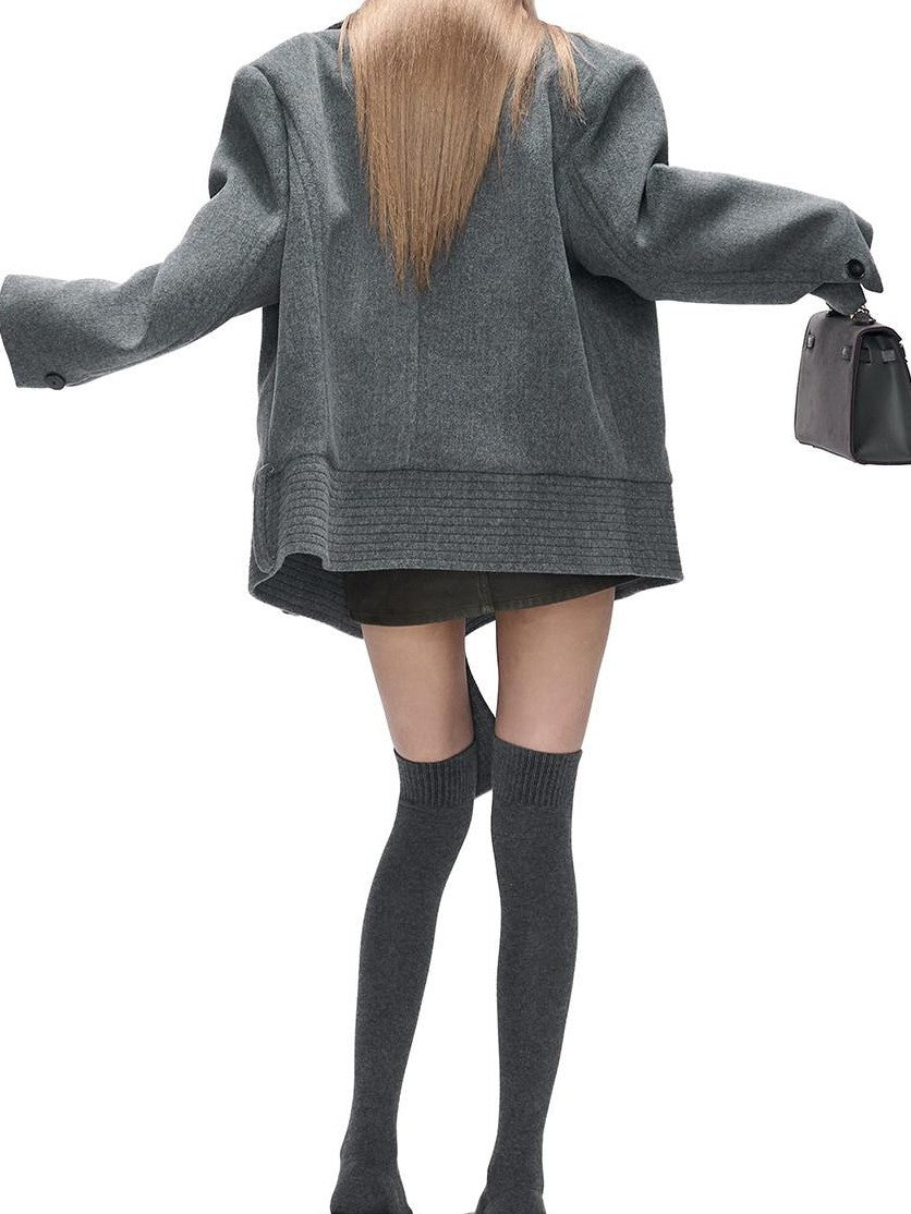 Fanptntox Peaked Lapel Double Breasted Padded Shoulders Women's Woolen Short Coats