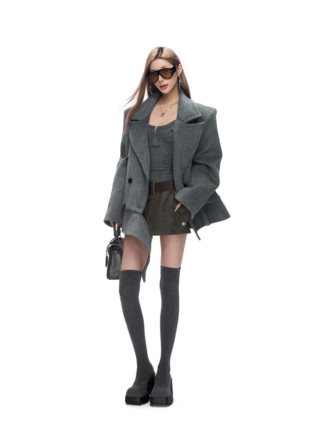 Fanptntox Peaked Lapel Double Breasted Padded Shoulders Women's Woolen Short Coats