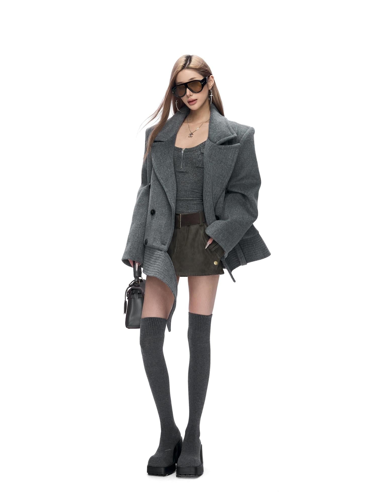 Fanptntox Peaked Lapel Double Breasted Padded Shoulders Women's Woolen Short Coats