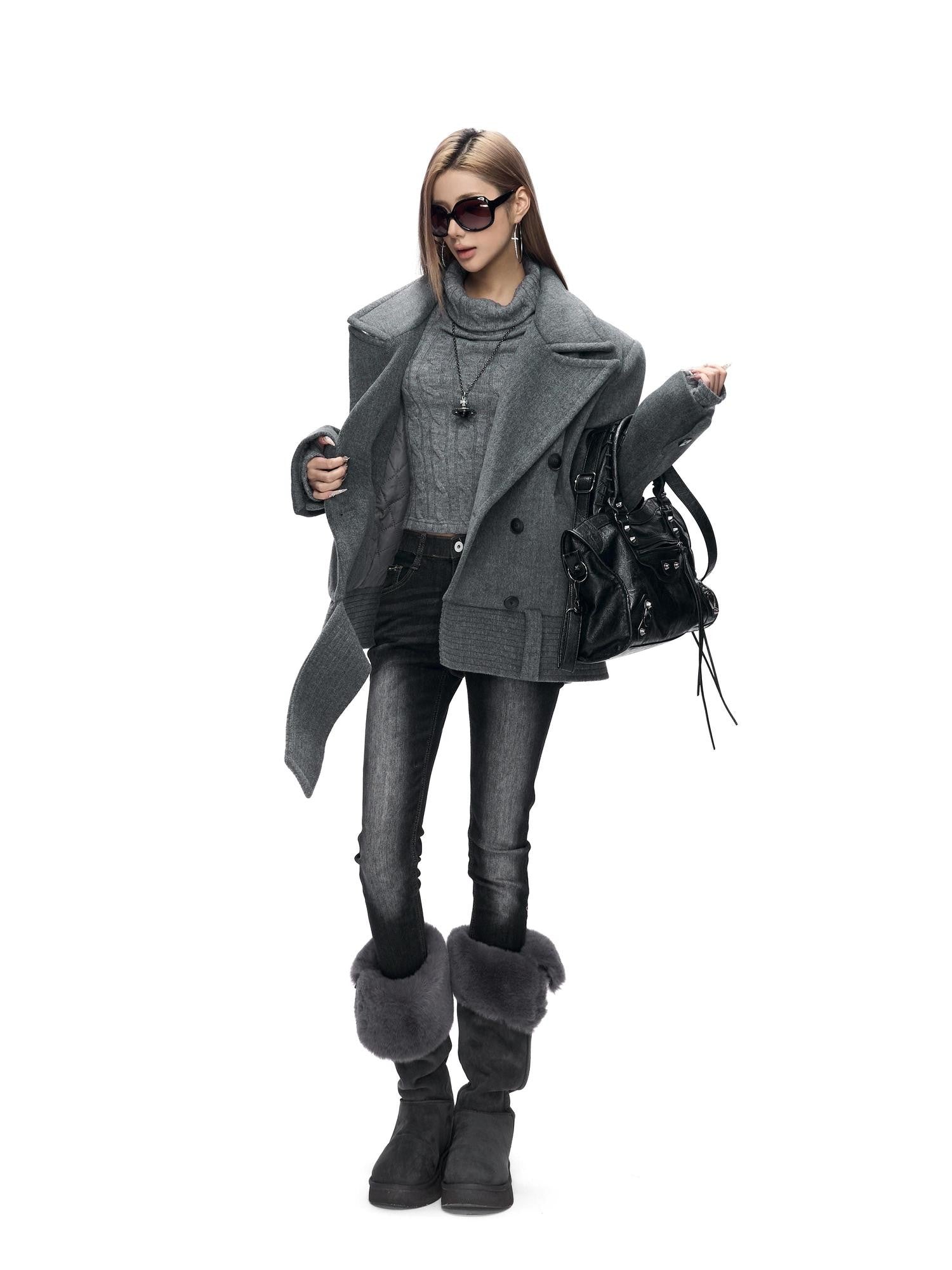 Fanptntox Peaked Lapel Double Breasted Padded Shoulders Women's Woolen Short Coats