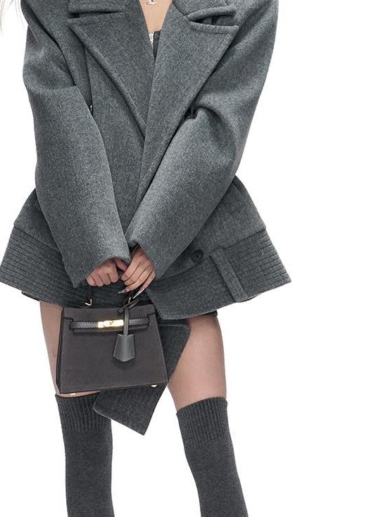 Fanptntox Peaked Lapel Double Breasted Padded Shoulders Women's Woolen Short Coats