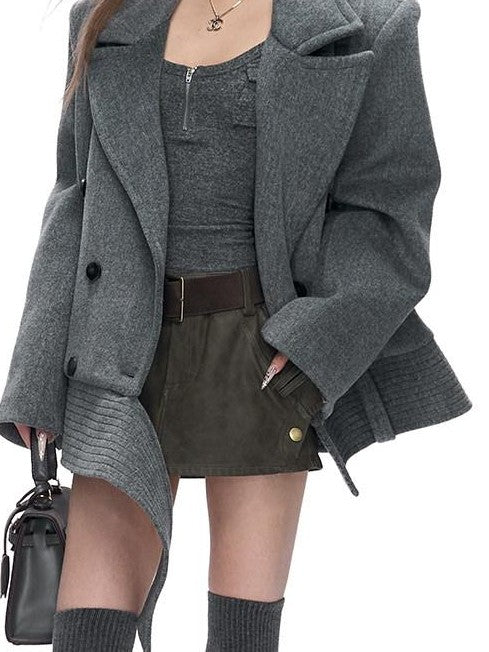 Fanptntox Peaked Lapel Double Breasted Padded Shoulders Women's Woolen Short Coats