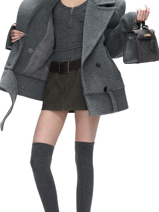 Fanptntox Peaked Lapel Double Breasted Padded Shoulders Women's Woolen Short Coats
