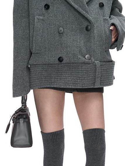 Fanptntox Peaked Lapel Double Breasted Padded Shoulders Women's Woolen Short Coats