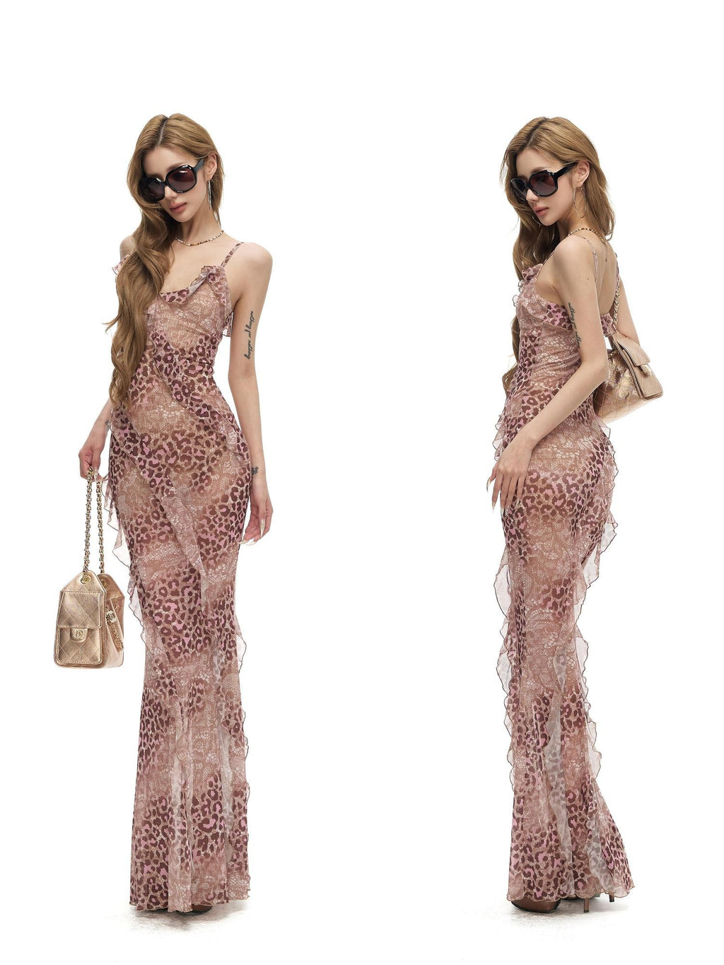 Fanptntox Pink Leopard Ruffle V-neck Spaghetti Women's Polyester Bodycon Maxi Dresses