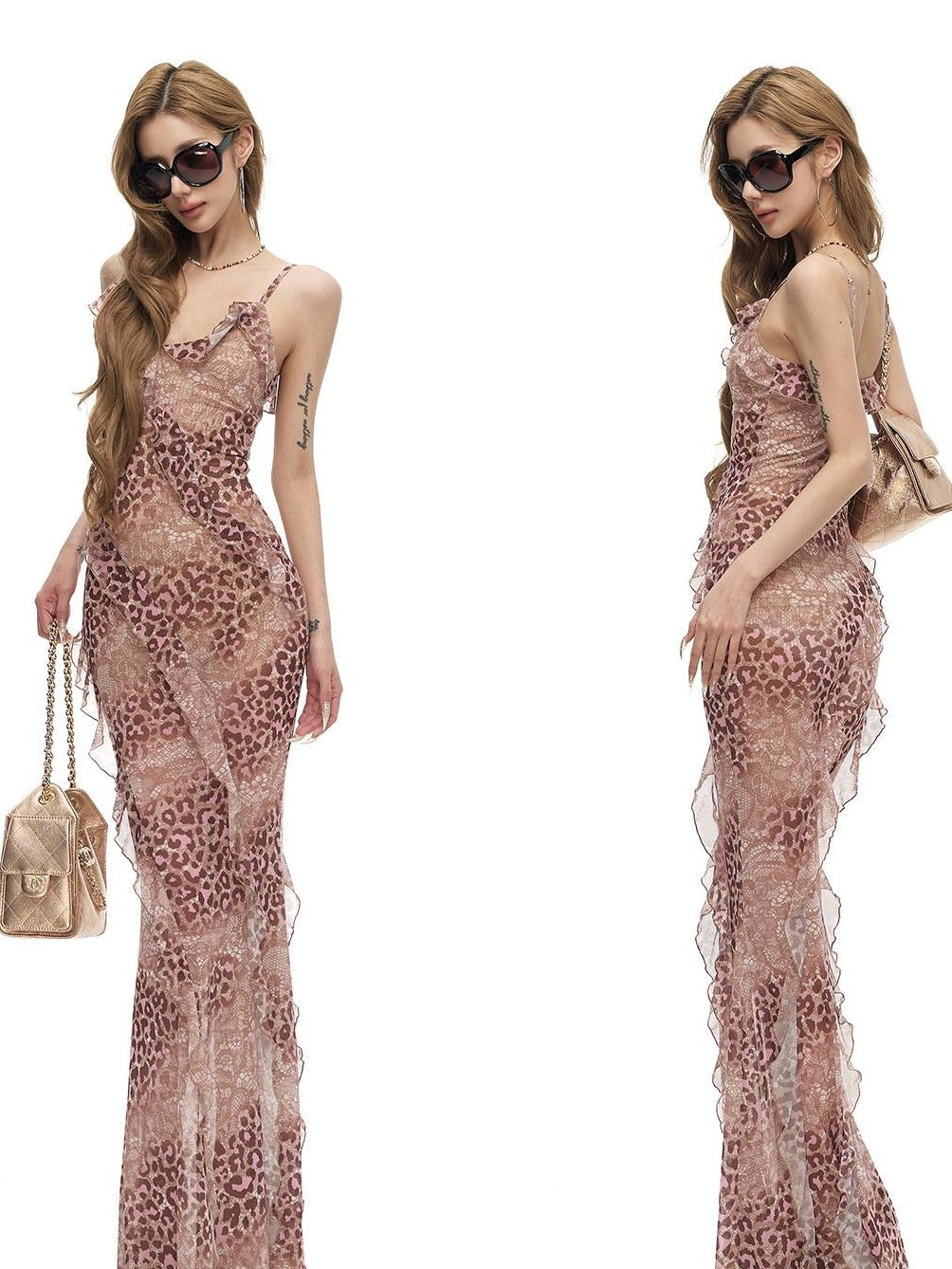 Fanptntox Pink Leopard Ruffle V-neck Spaghetti Women's Polyester Bodycon Maxi Dresses