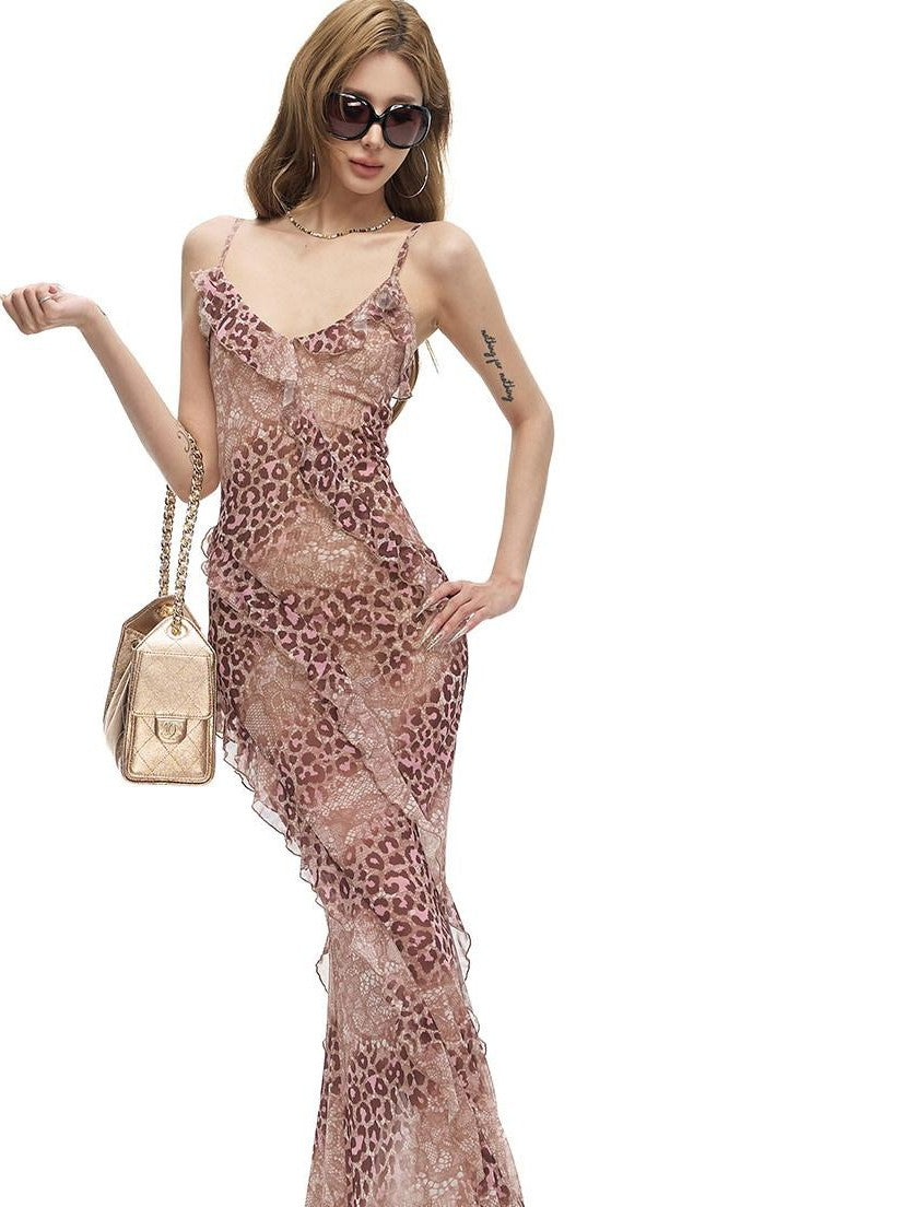 Fanptntox Pink Leopard Ruffle V-neck Spaghetti Women's Polyester Bodycon Maxi Dresses