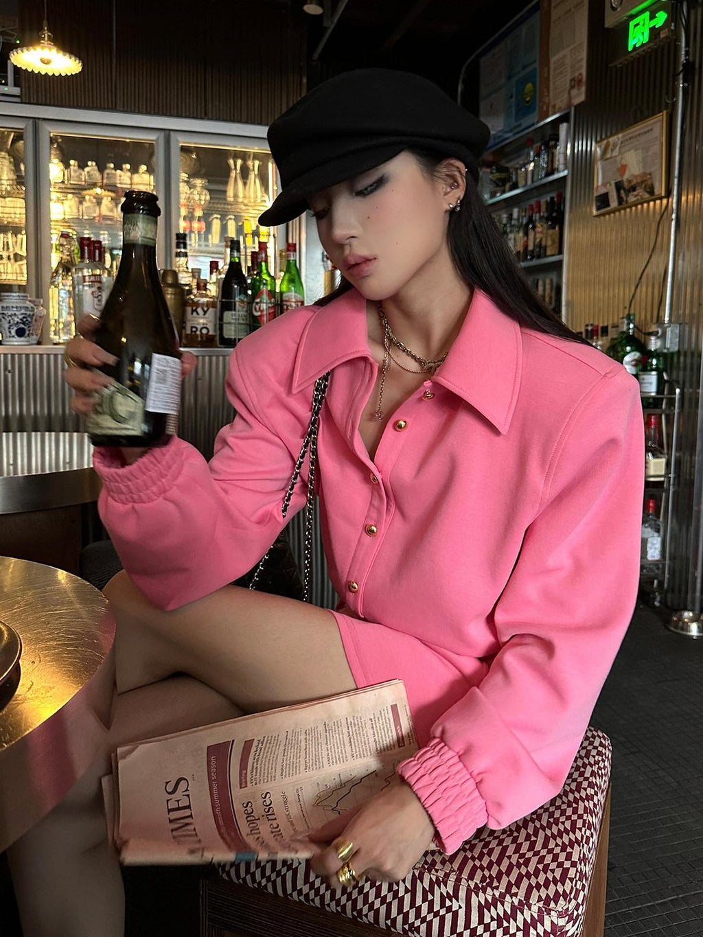 Fanptntox Pink Padded Shoulder Pullover Short Skirt Women's Cotton Matching Skirt Sets