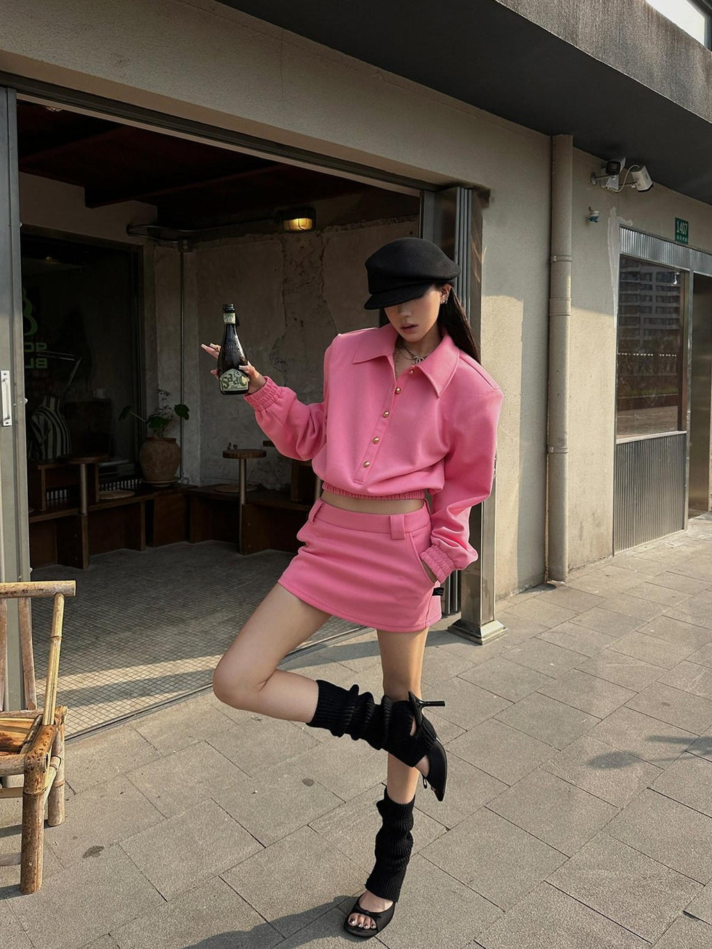 Fanptntox Pink Padded Shoulder Pullover Short Skirt Women's Cotton Matching Skirt Sets