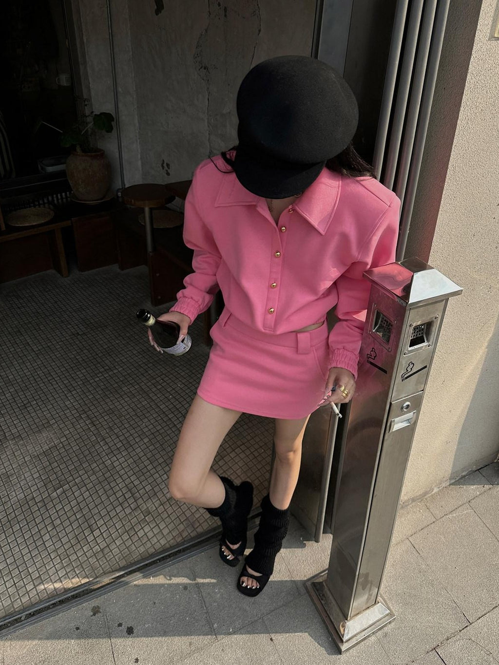 Fanptntox Pink Padded Shoulder Pullover Short Skirt Women's Cotton Matching Skirt Sets