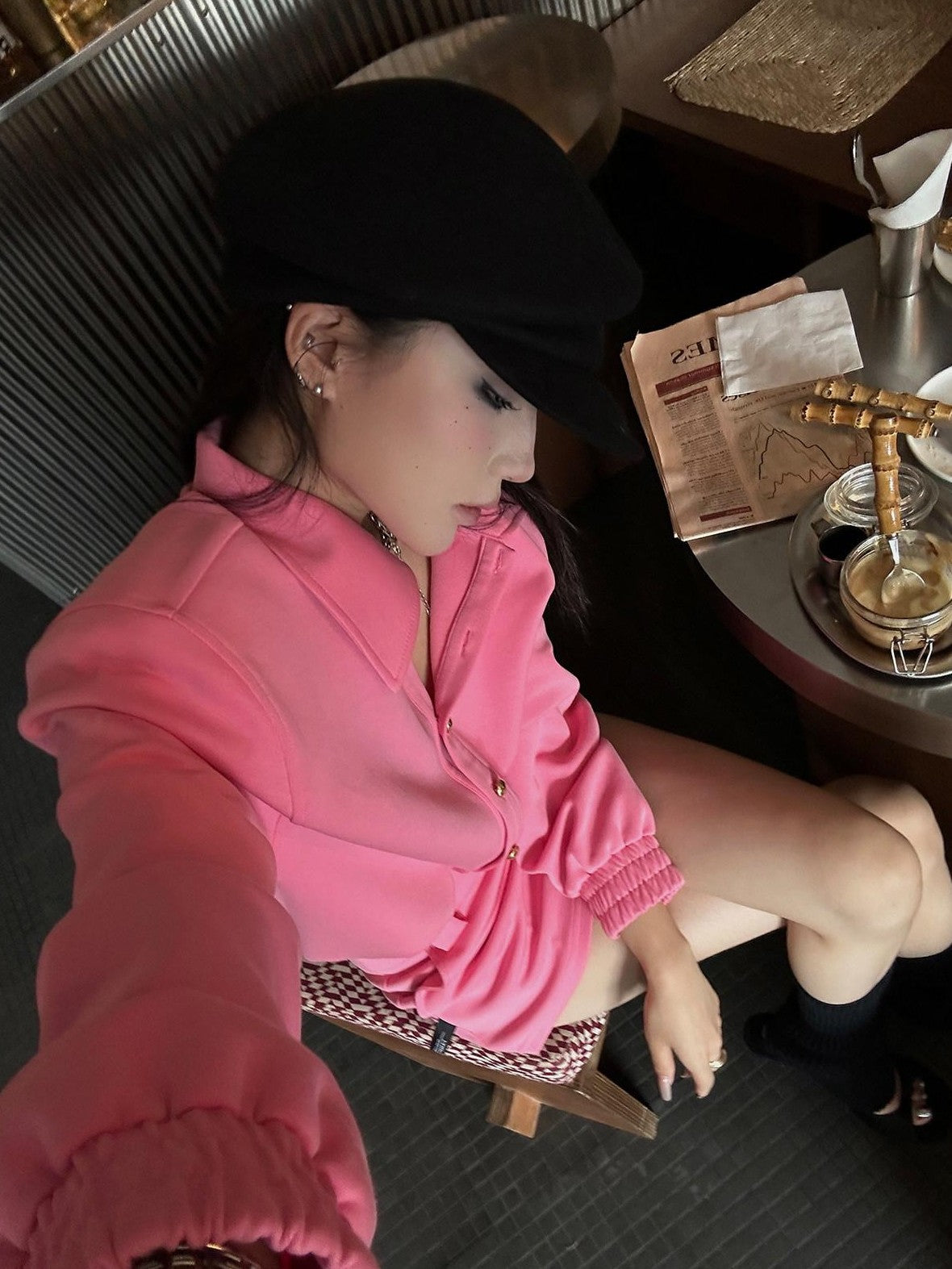 Fanptntox Pink Padded Shoulder Pullover Short Skirt Women's Cotton Matching Skirt Sets