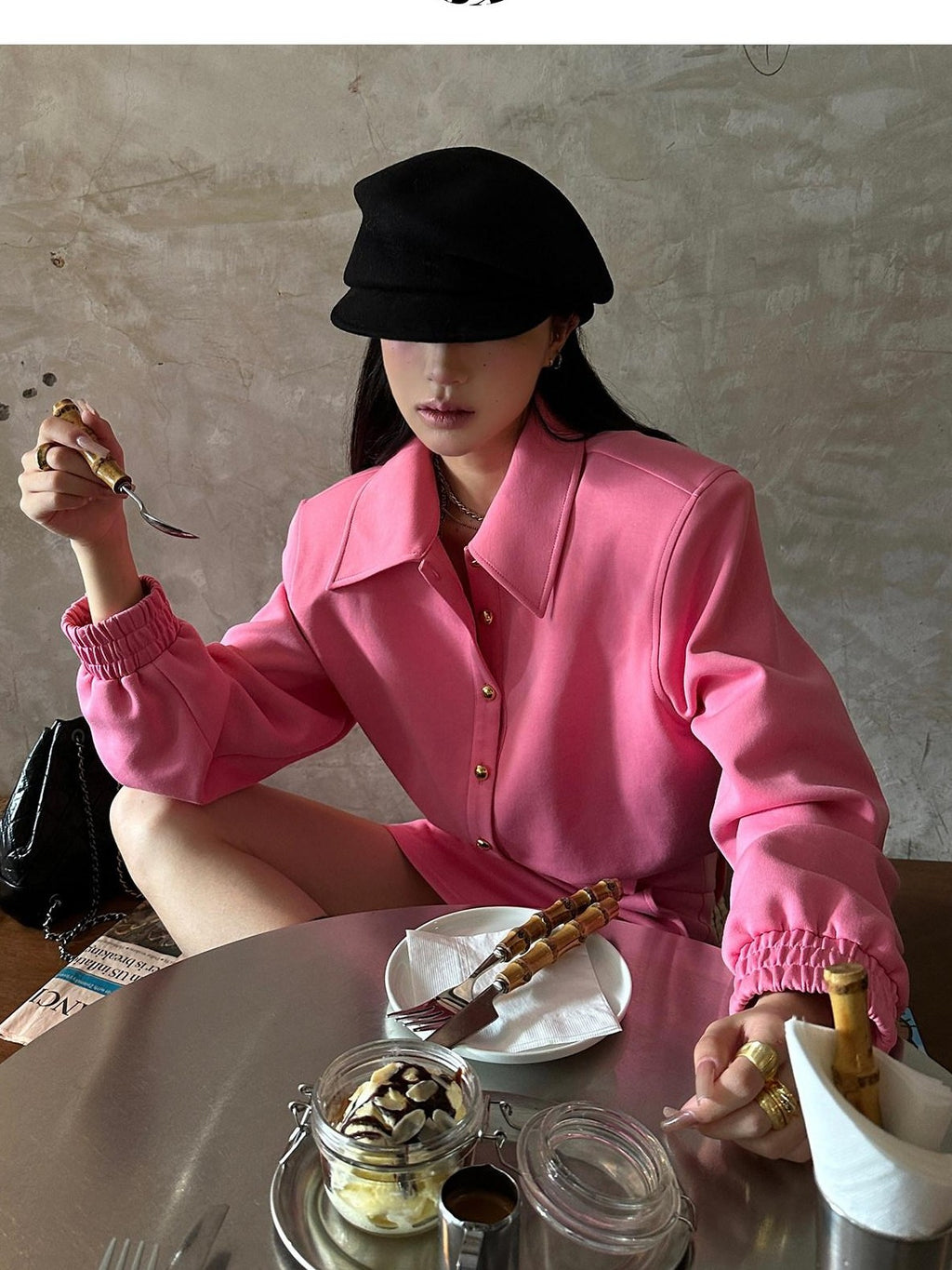 Fanptntox Pink Padded Shoulder Pullover Short Skirt Women's Cotton Matching Skirt Sets