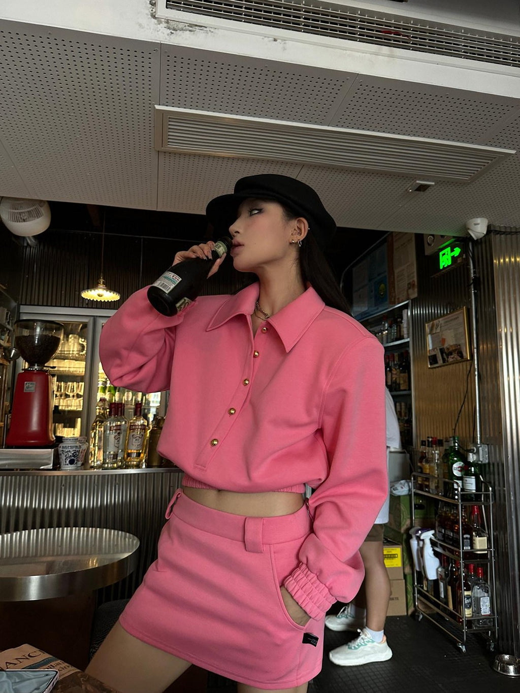 Fanptntox Pink Padded Shoulder Pullover Short Skirt Women's Cotton Matching Skirt Sets