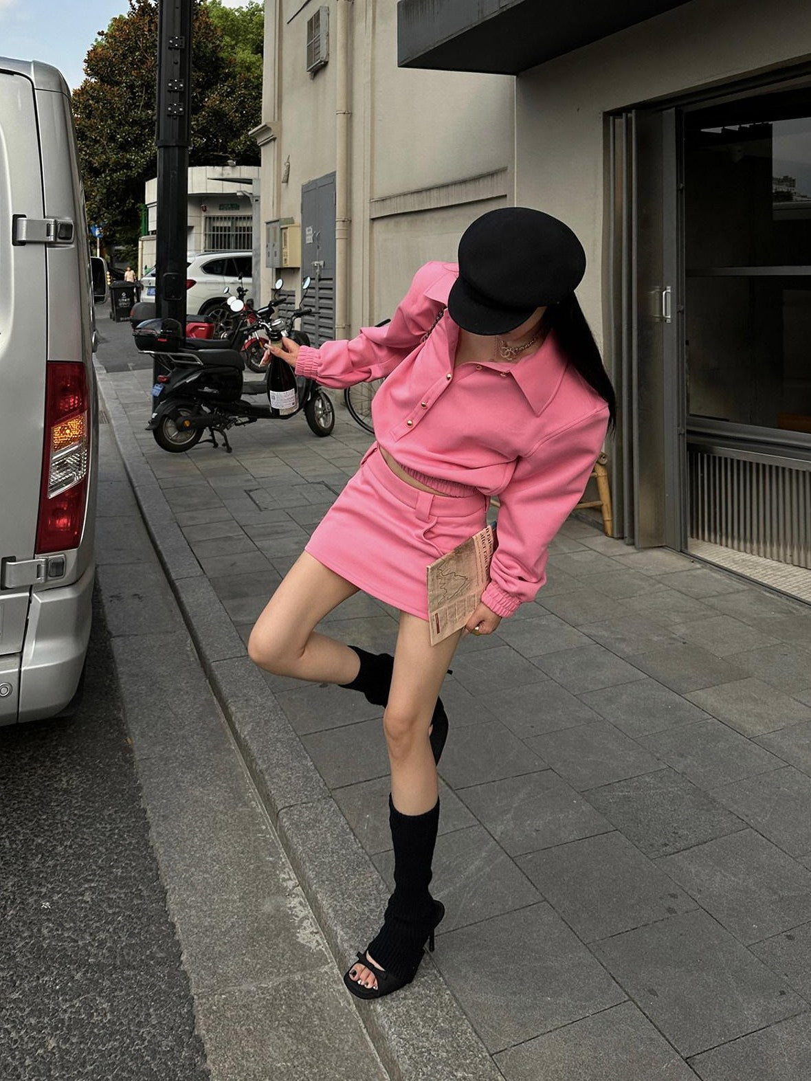 Fanptntox Pink Padded Shoulder Pullover Short Skirt Women's Cotton Matching Skirt Sets